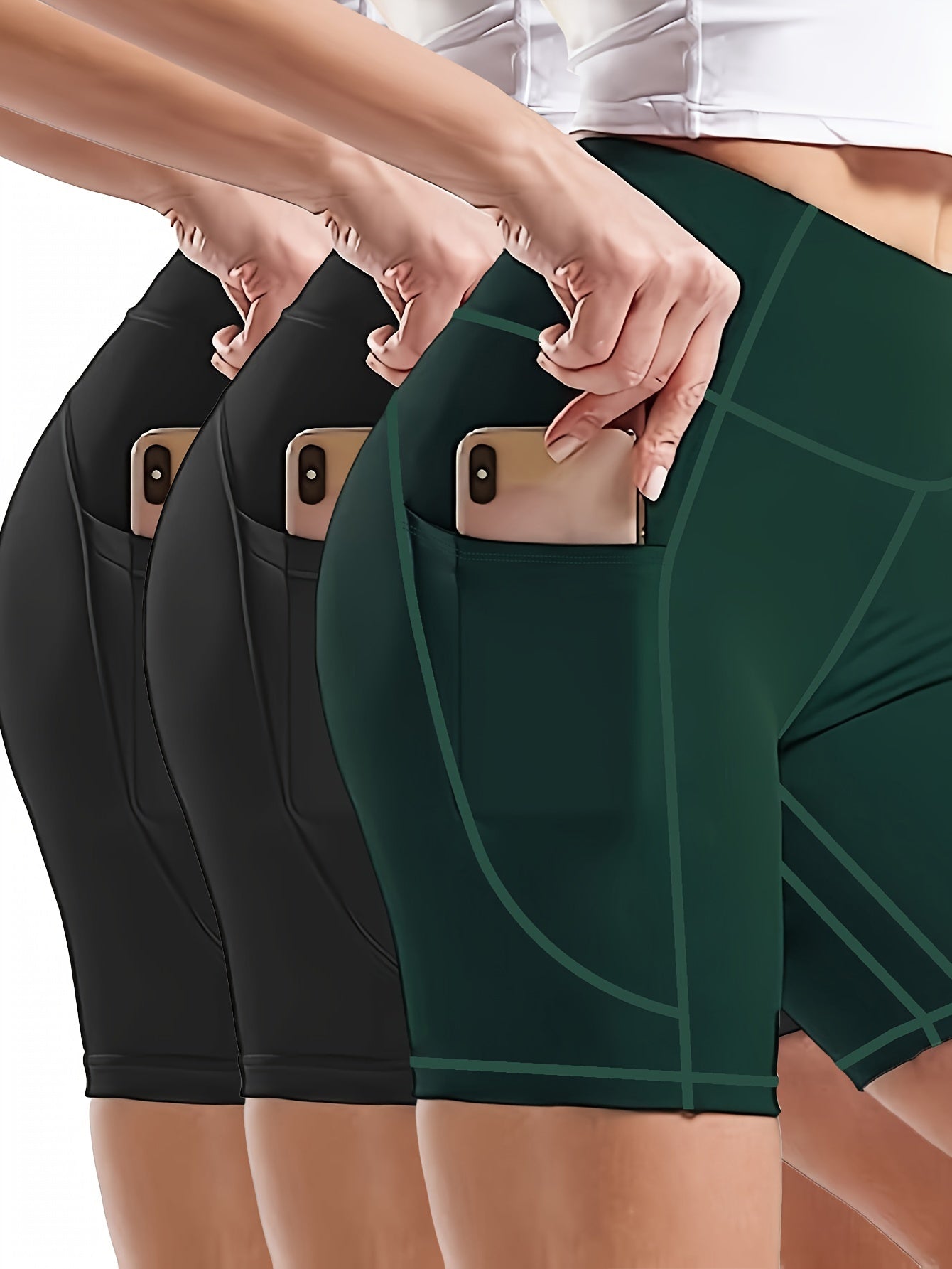 3 Pack Plus Size Sports Leggings Set, Plus Solid Wide Waistband Tummy Control Yoga Biker Shorts With Phone Pockets 3pcs Set