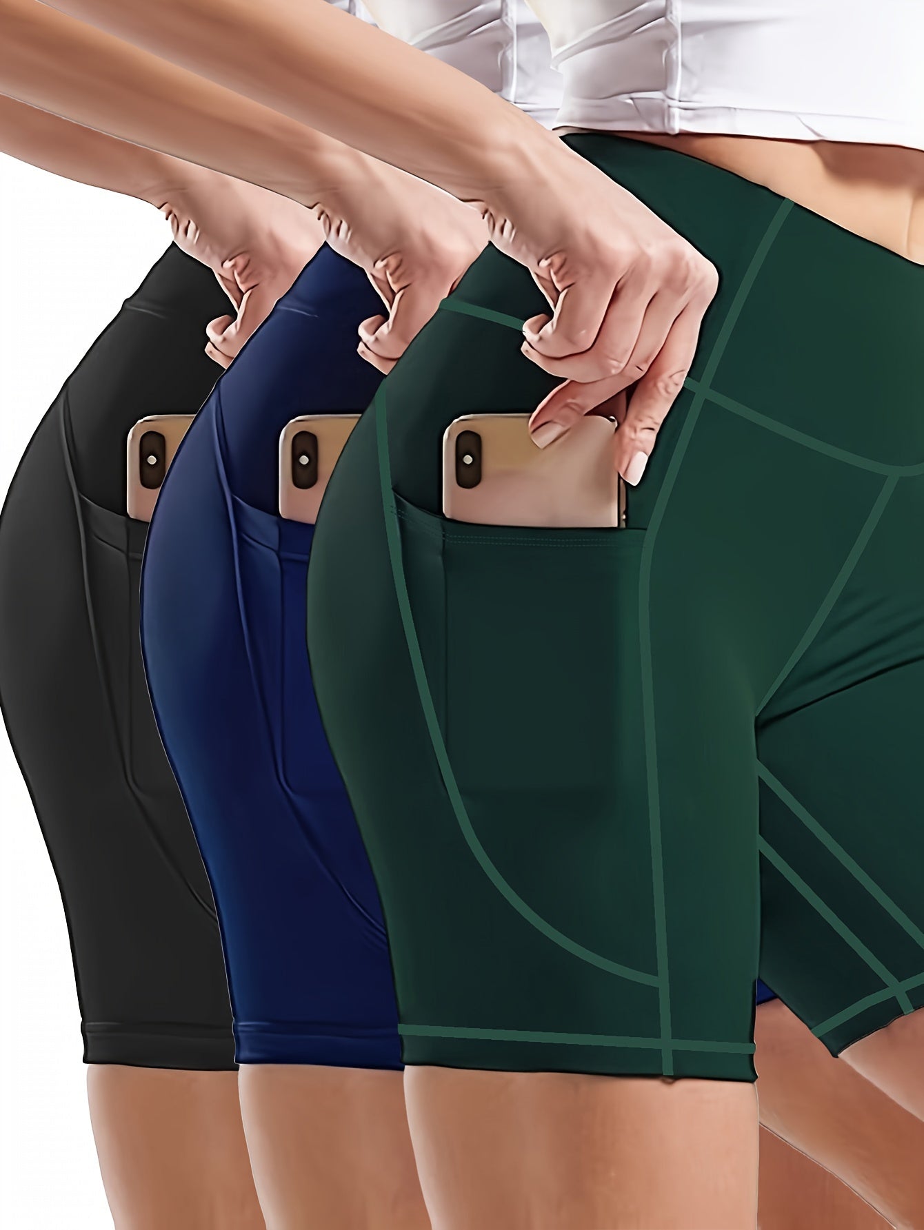 3 Pack Plus Size Sports Leggings Set, Plus Solid Wide Waistband Tummy Control Yoga Biker Shorts With Phone Pockets 3pcs Set