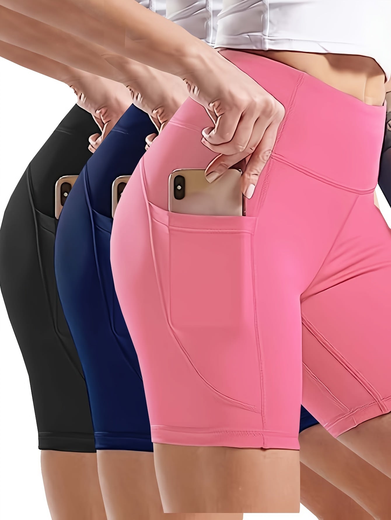 3 Pack Plus Size Sports Leggings Set, Plus Solid Wide Waistband Tummy Control Yoga Biker Shorts With Phone Pockets 3pcs Set