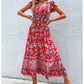 Vintage Floral Boho Printed Vestidos Women Short Sleeves V Neck Slit Midi Dresses A Line Bohemian Summer Beach Dress