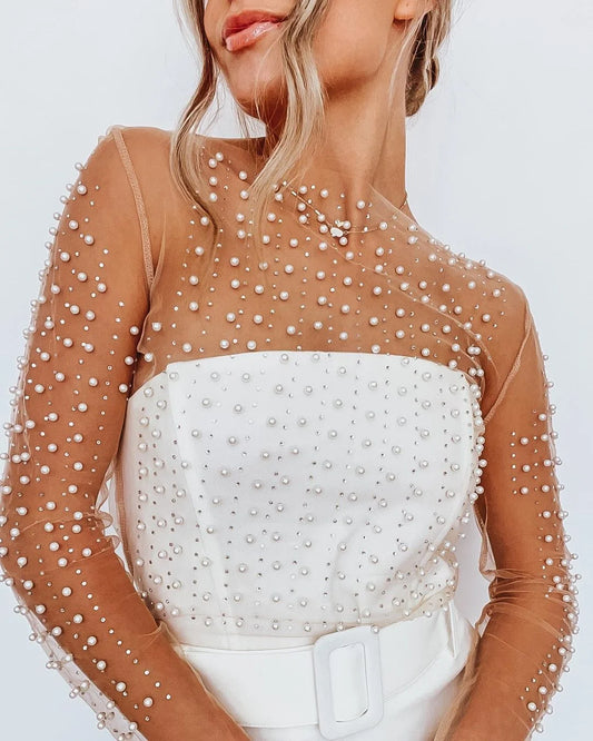 Women's Carnival Style Pearls Beaded Rhinestone Detail Sheer Mesh Crop Clubwear Cover Up Top Without Bra