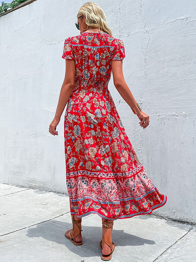 Vintage Floral Boho Printed Vestidos Women Short Sleeves V Neck Slit Midi Dresses A Line Bohemian Summer Beach Dress