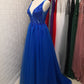 Sexy V-Neck Long Prom Beaded Crystal High Splits Backless A-Line Formal Dress