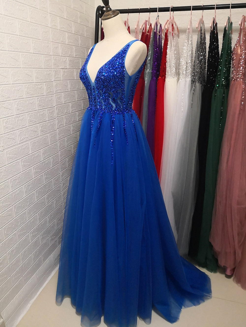 Sexy V-Neck Long Prom Beaded Crystal High Splits Backless A-Line Formal Dress