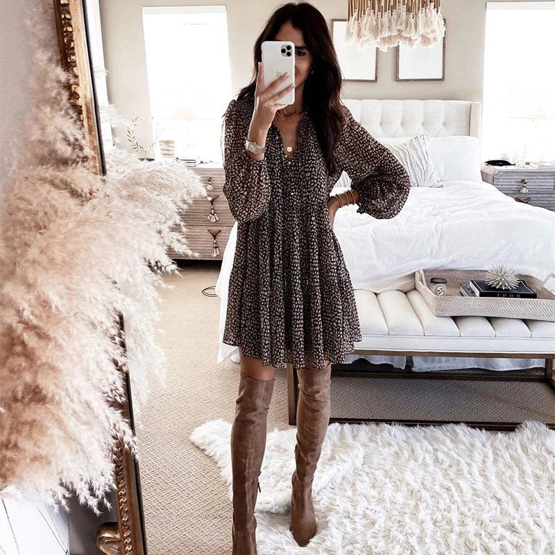 Lantern Sleeve Dot Print Ruffles V-neck Long Sleeve Button Mini Dress