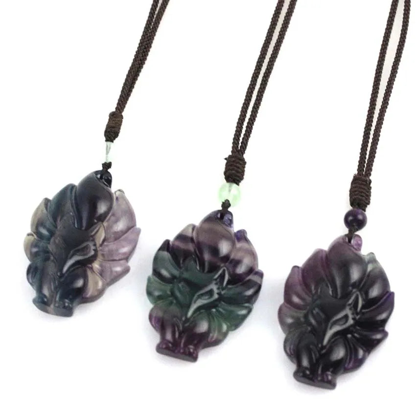 Natural Reiki Fluorite Crystal Colorful Nine Tailed Fox Pendant Hand Carved Stone Adjustable Rope Chain Necklace