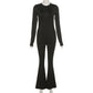 Solid Black Sexy Backless Bodycon Wide Leg Jumpsuit Women Autumn Casual Slim Long Sleeve O-Neck Playsuit Lady Streetwear