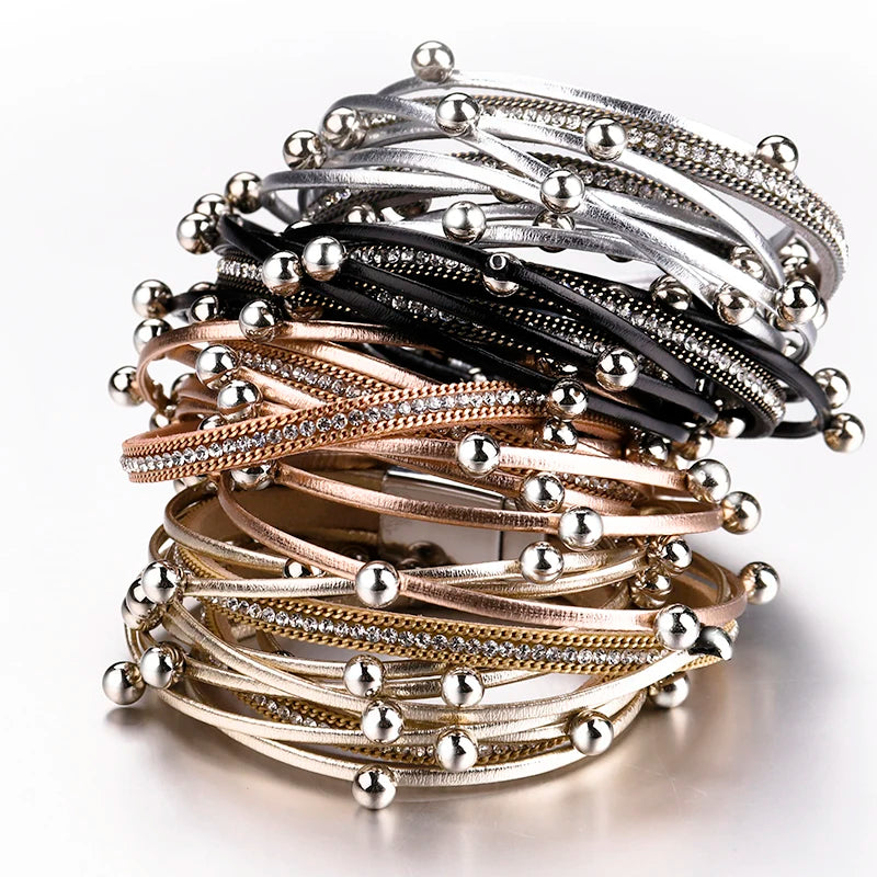 Metal Beads Charm Leather Bracelets Crystal Chain Bohemian Multilayer Wrap Bracelet Jewelry