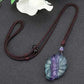 Natural Reiki Fluorite Crystal Colorful Nine Tailed Fox Pendant Hand Carved Stone Adjustable Rope Chain Necklace