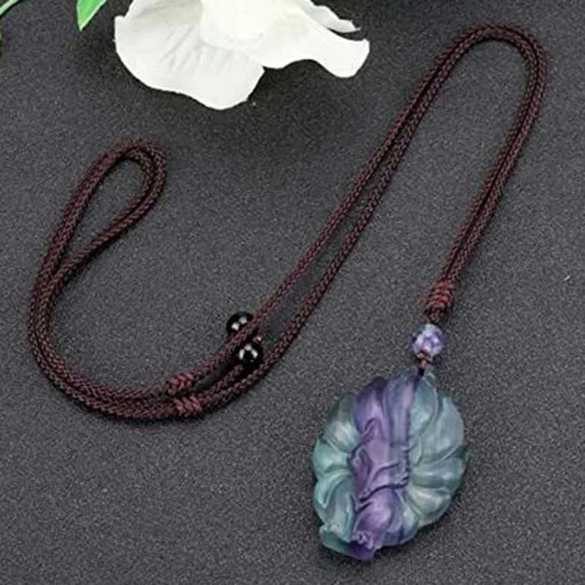 Natural Reiki Fluorite Crystal Colorful Nine Tailed Fox Pendant Hand Carved Stone Adjustable Rope Chain Necklace