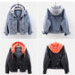 Blue Deconstructable Hooded Turn-down Collar Denim Jacket Women Loose Button Patchwork Outwear Jean Coat