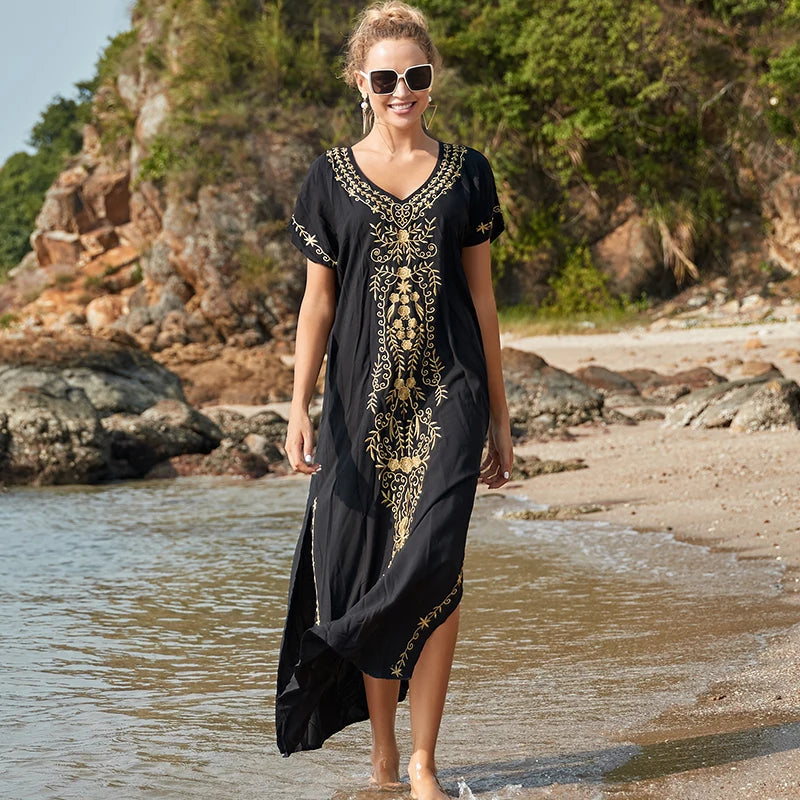 Embroidery Beach Cover up Saida de Praia Swimsuit Women Bikini cover up Tunics for Beach Pareo Sarong Beachwear Q790