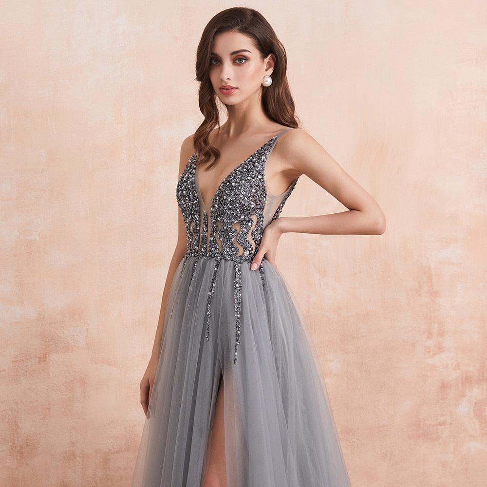 Sexy V-Neck Long Prom Beaded Crystal High Splits Backless A-Line Formal Dress