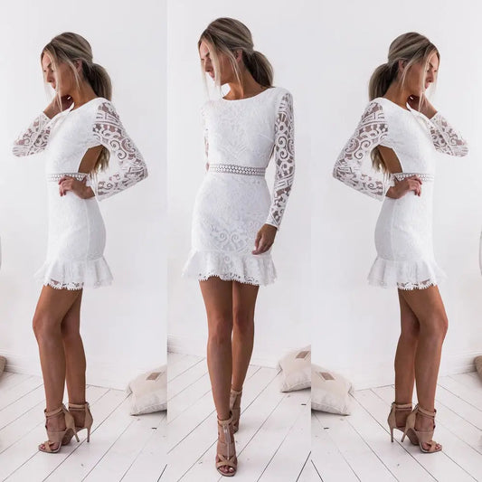 Sexy Long Sleeves Evening Party Short Mini White Bodycon Backless Dress