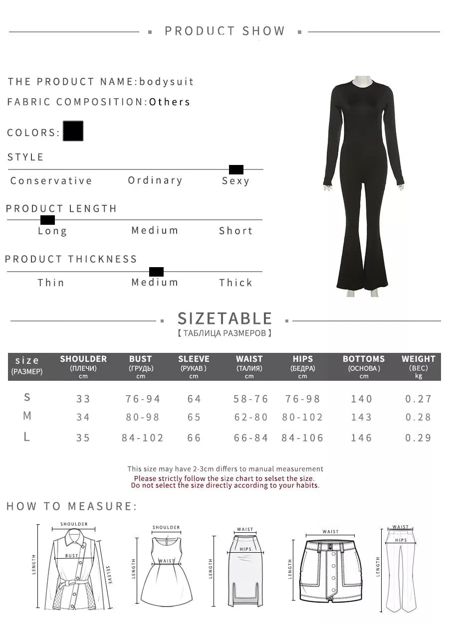 Solid Black Sexy Backless Bodycon Wide Leg Jumpsuit Women Autumn Casual Slim Long Sleeve O-Neck Playsuit Lady Streetwear