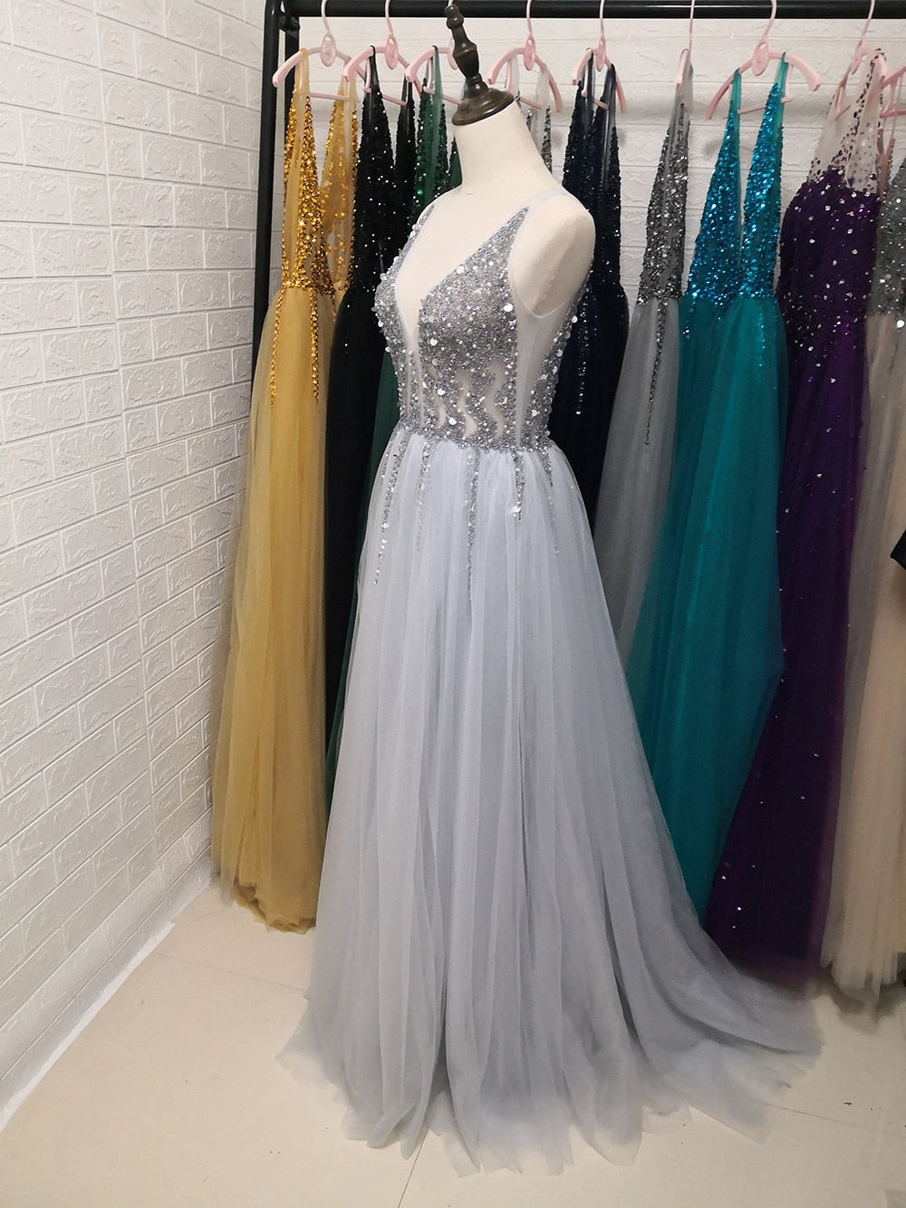 Sexy V-Neck Long Prom Beaded Crystal High Splits Backless A-Line Formal Dress