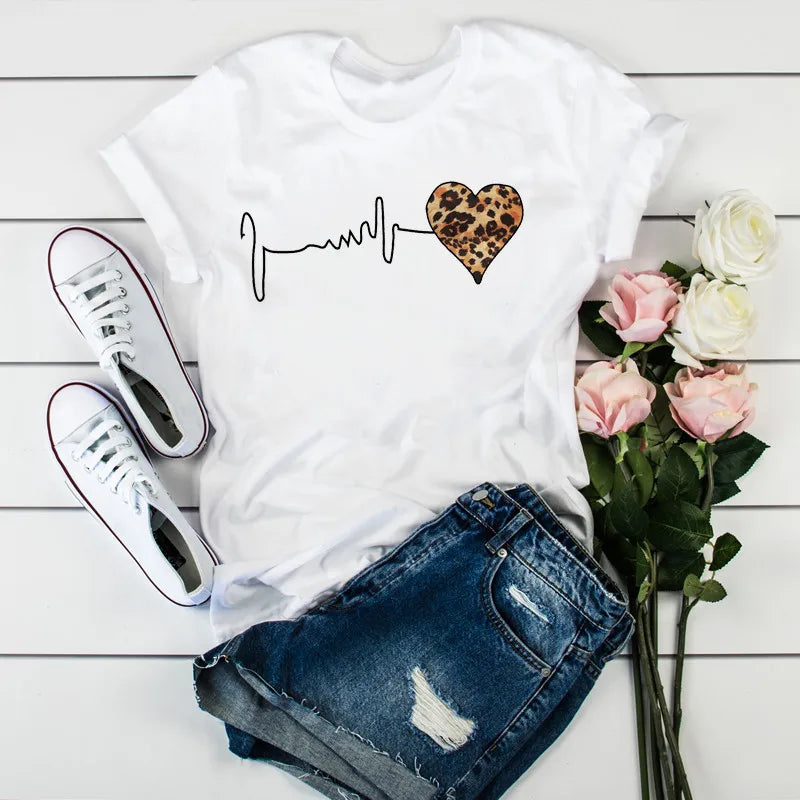 Summer Leopard Heartbeat Short Sleeve Print Clothing Women's T-Shirt Harajuku Graphic Clothing Women's Top