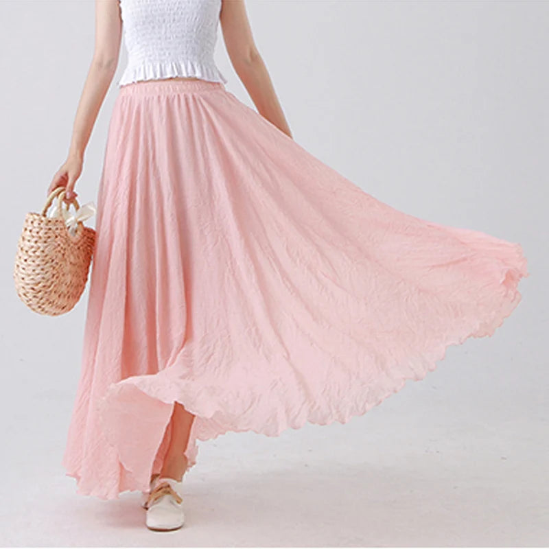 Cotton Linen Maxi Skirt Casual Elastic High Waist Pleated A-Line Dresses