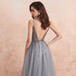 Sexy V-Neck Long Prom Beaded Crystal High Splits Backless A-Line Formal Dress