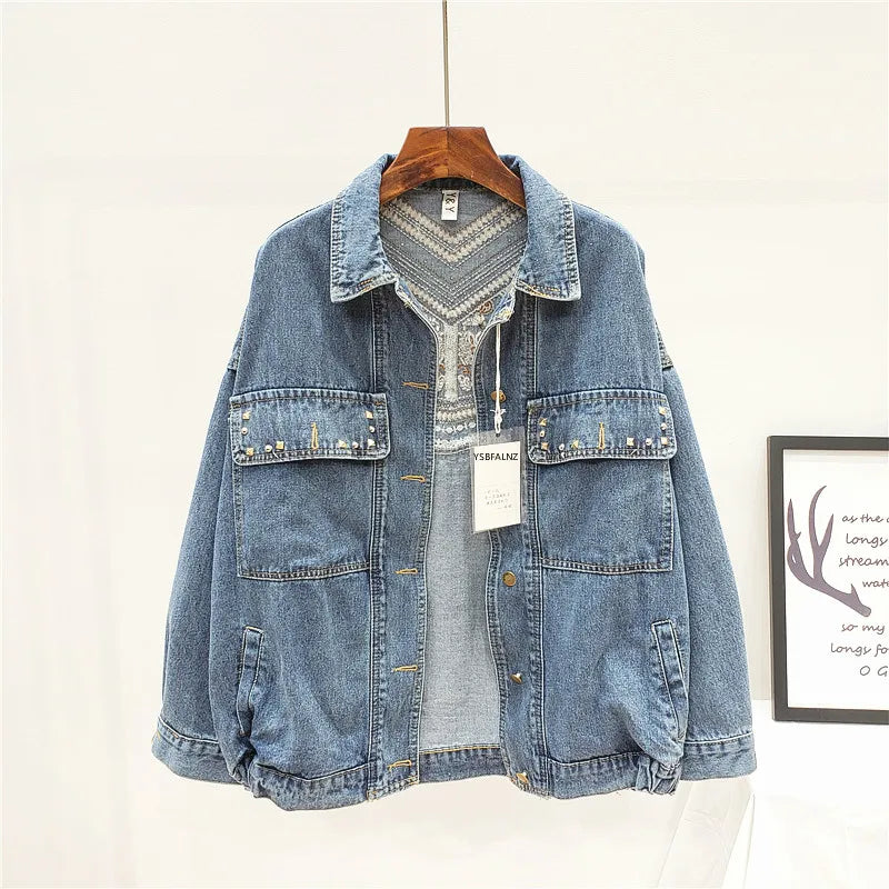 Denim Jacket Floral Embroidery Suede Fringe Loose Chaquetas Mujer Coat Long Sleeve Outerwear