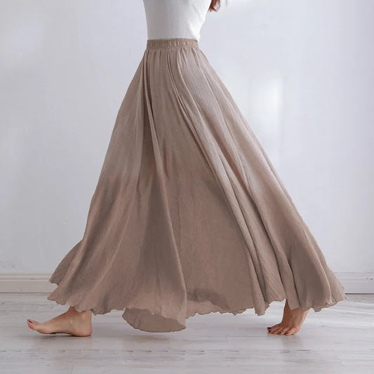 Cotton Linen Maxi Skirt Casual Elastic High Waist Pleated A-Line Dresses