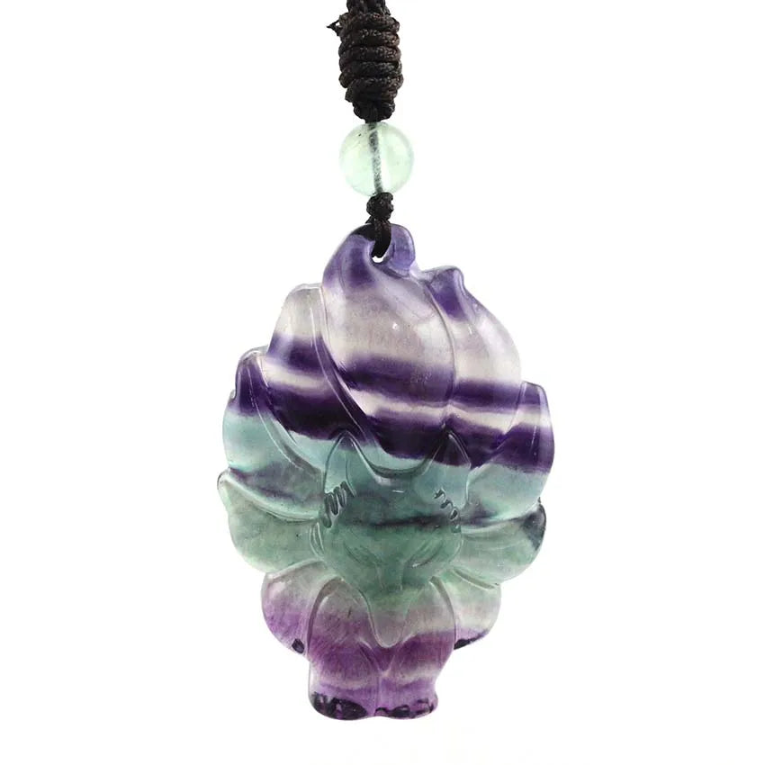 Natural Reiki Fluorite Crystal Colorful Nine Tailed Fox Pendant Hand Carved Stone Adjustable Rope Chain Necklace