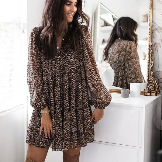 Lantern Sleeve Dot Print Ruffles V-neck Long Sleeve Button Mini Dress