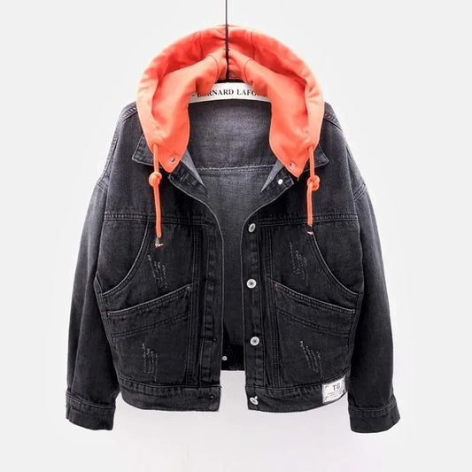 Blue Deconstructable Hooded Turn-down Collar Denim Jacket Women Loose Button Patchwork Outwear Jean Coat