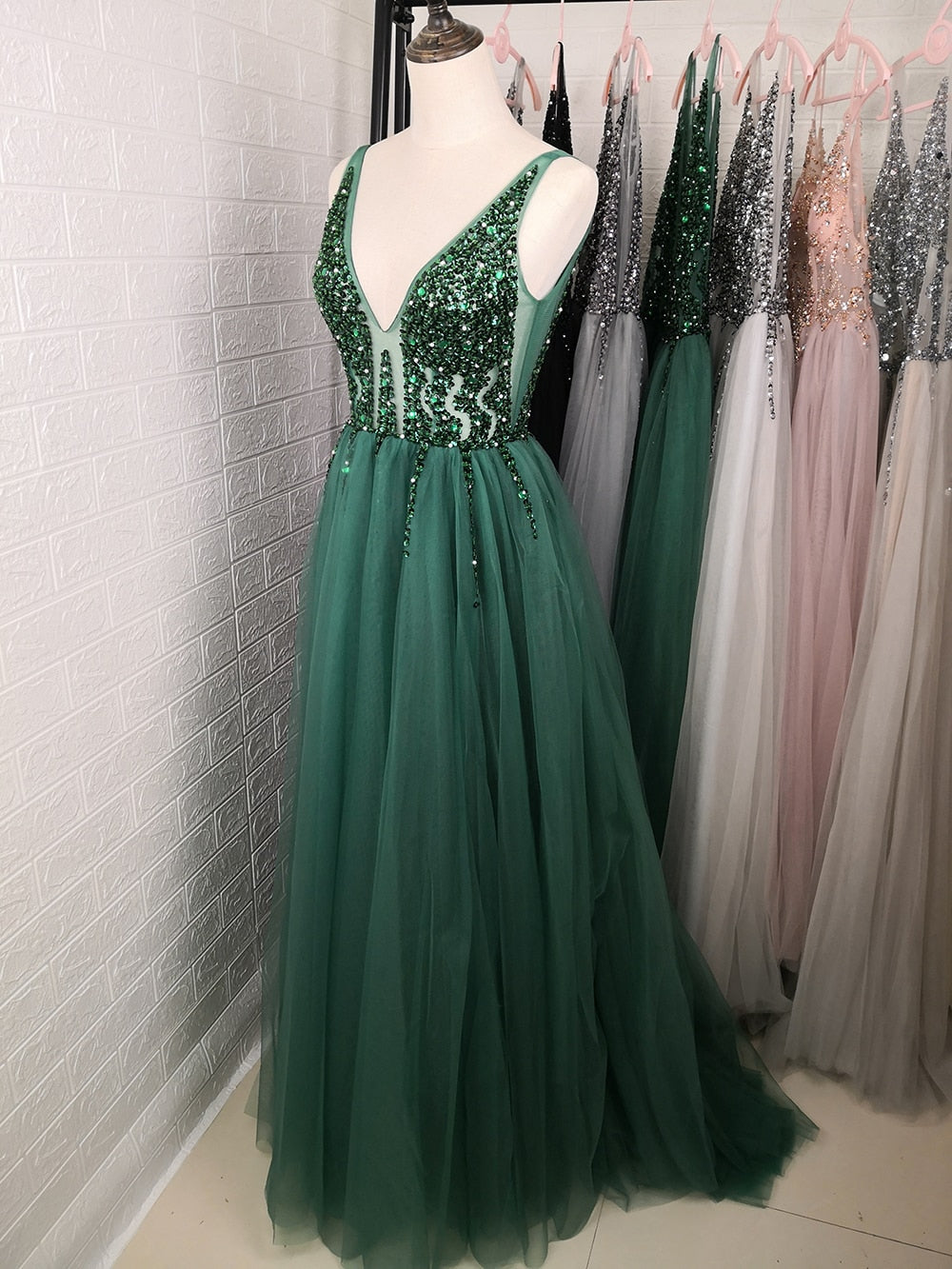 Sexy V-Neck Long Prom Beaded Crystal High Splits Backless A-Line Formal Dress