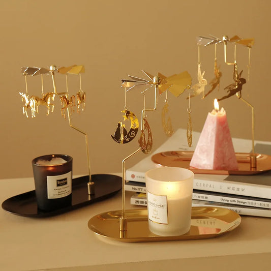 Gold Candlesticks Rotating Tray Romantic Rotation Spinning Carrousel Tea Light Candle Holder