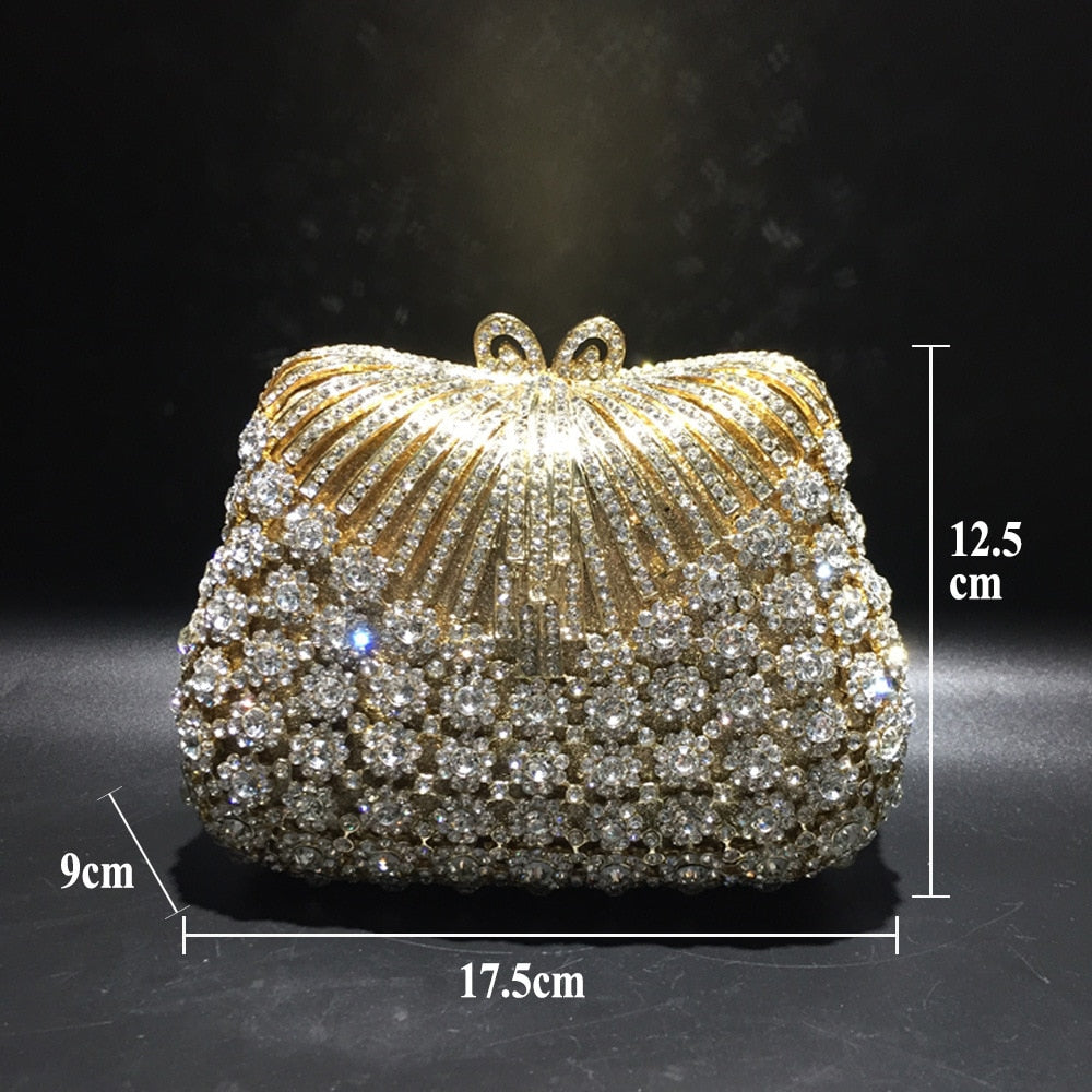 Women Gold Color Flower Rhinestones Clutch Bags Crystal Evening Purse Stones Metal Clutches Small Minaudiere Handbag Wedding Bag