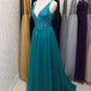 Sexy V-Neck Long Prom Beaded Crystal High Splits Backless A-Line Formal Dress