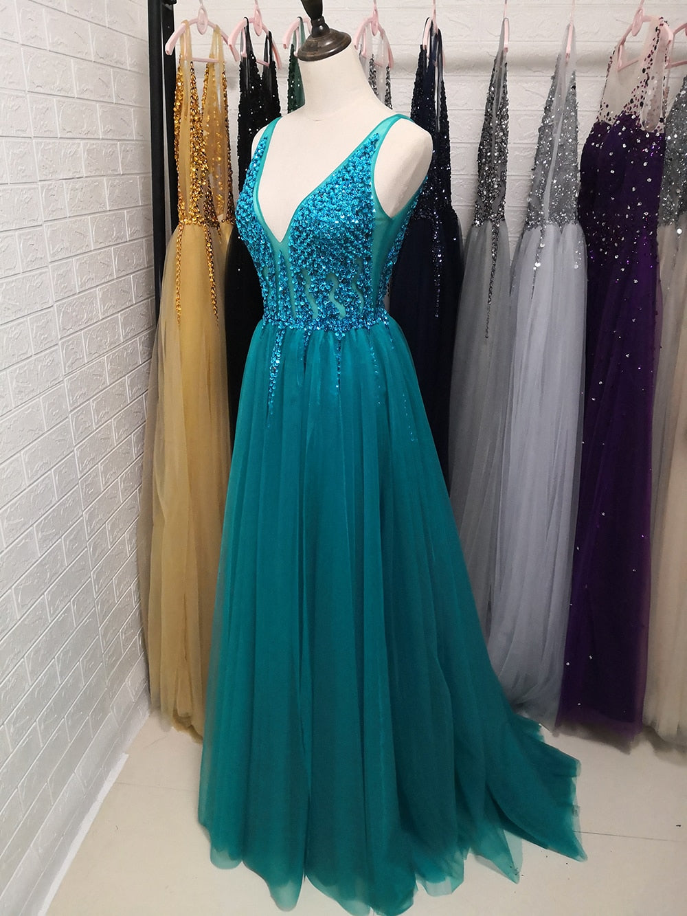 Sexy V-Neck Long Prom Beaded Crystal High Splits Backless A-Line Formal Dress