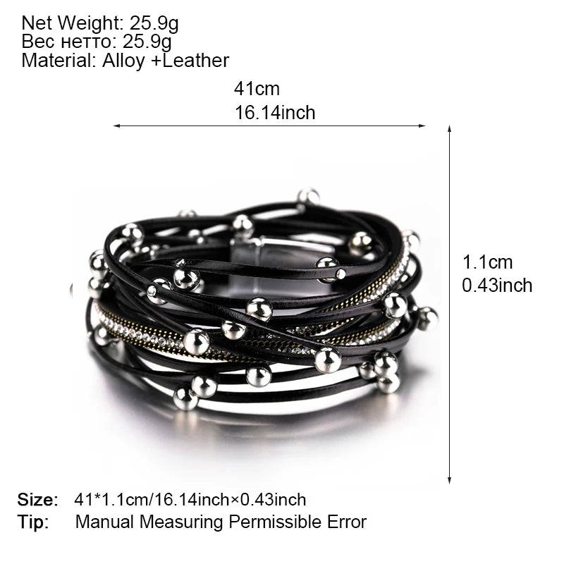 Metal Beads Charm Leather Bracelets Crystal Chain Bohemian Multilayer Wrap Bracelet Jewelry