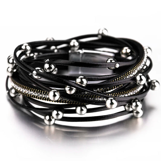 Metal Beads Charm Leather Bracelets Crystal Chain Bohemian Multilayer Wrap Bracelet Jewelry