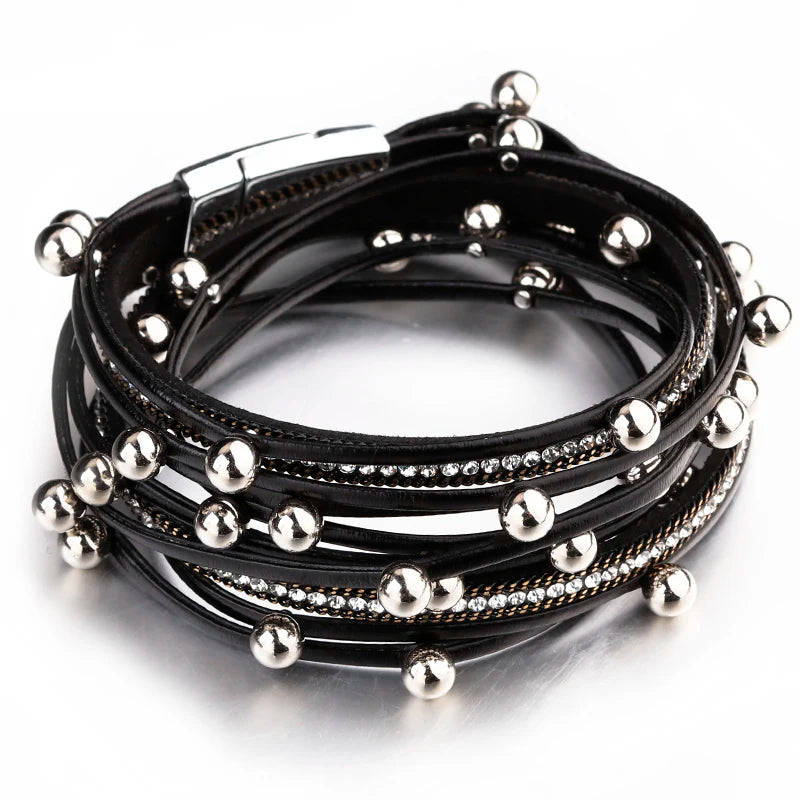 Metal Beads Charm Leather Bracelets Crystal Chain Bohemian Multilayer Wrap Bracelet Jewelry