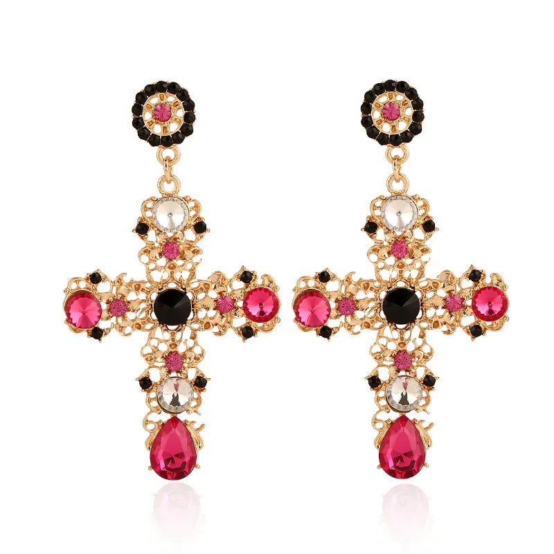 Vintage Crystal Cross Drop Earrings Baroque Bohemian Large Long Earrings