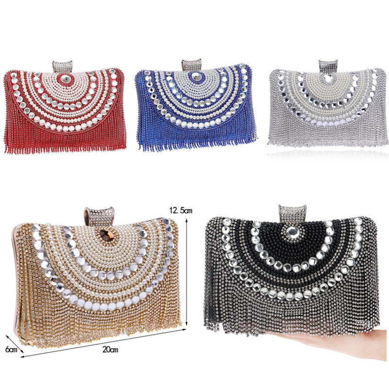 Rhinestones Tassel Clutch Diamonds Beaded Metal Evening Bags Chain Shoulder Messenger Purse Evening Bags Wedding Bag