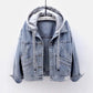 Blue Deconstructable Hooded Turn-down Collar Denim Jacket Women Loose Button Patchwork Outwear Jean Coat