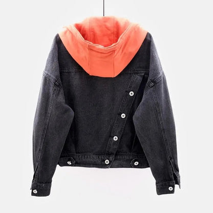 Blue Deconstructable Hooded Turn-down Collar Denim Jacket Women Loose Button Patchwork Outwear Jean Coat