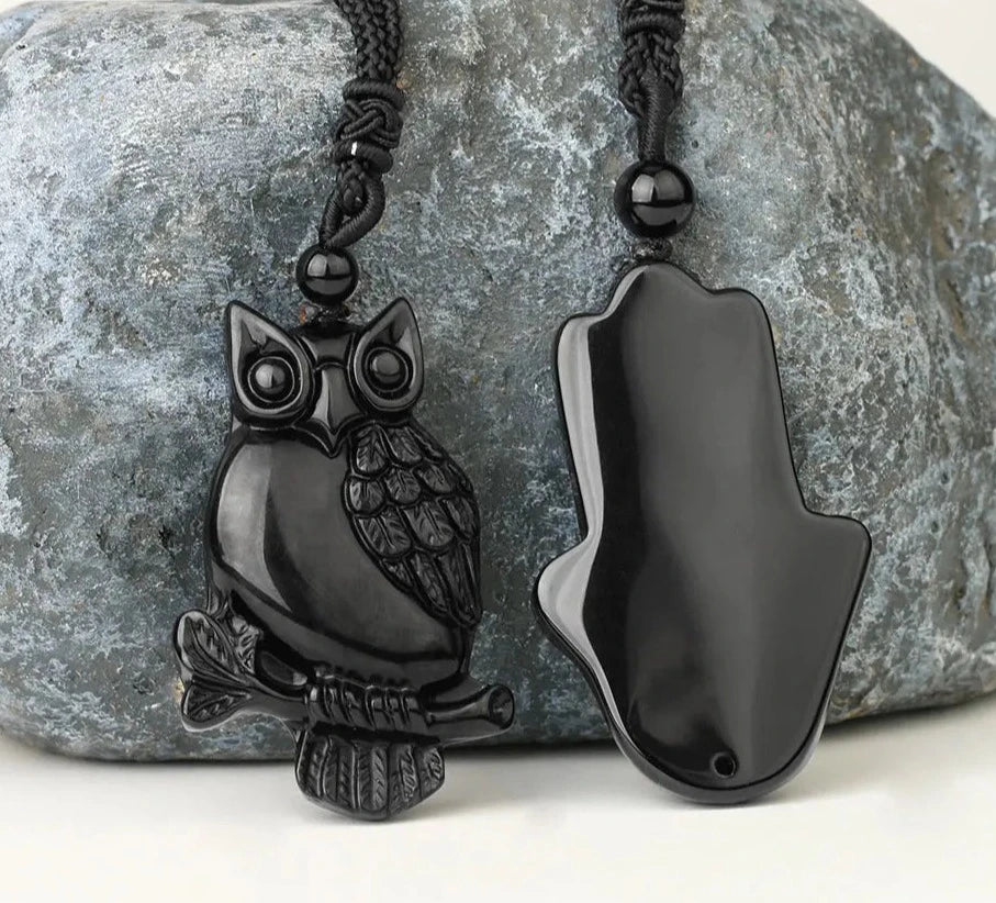 Obsidian Necklace Natural Stone Wolf Buddha Sculpture Tree of Life Animal Owl Necklaces Pendant Meditation Jewelry