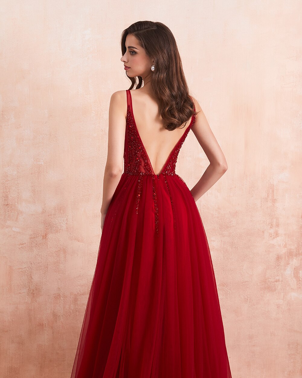 Sexy V-Neck Long Prom Beaded Crystal High Splits Backless A-Line Formal Dress