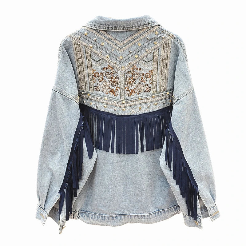 Denim Jacket Floral Embroidery Suede Fringe Loose Chaquetas Mujer Coat Long Sleeve Outerwear