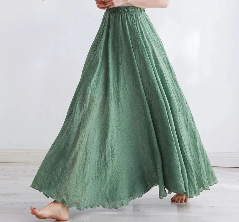 Cotton Linen Maxi Skirt Casual Elastic High Waist Pleated A-Line Dresses