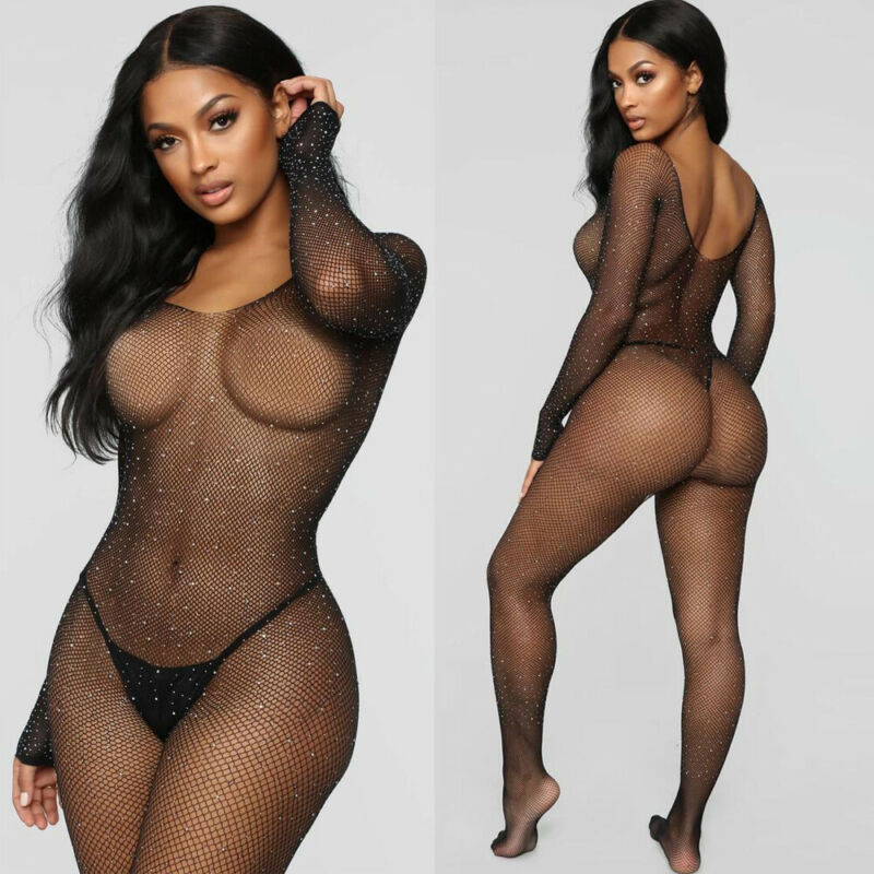 Erotic Sexy Lingerie Bling Rhinestone Fishnet Bodysuit Transparent Sex Dress Women Mesh Tights Sexy Exotic Body Socks