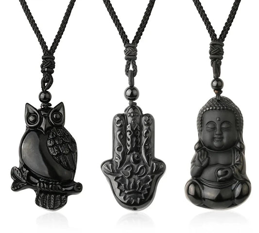 Obsidian Necklace Natural Stone Wolf Buddha Sculpture Tree of Life Animal Owl Necklaces Pendant Meditation Jewelry