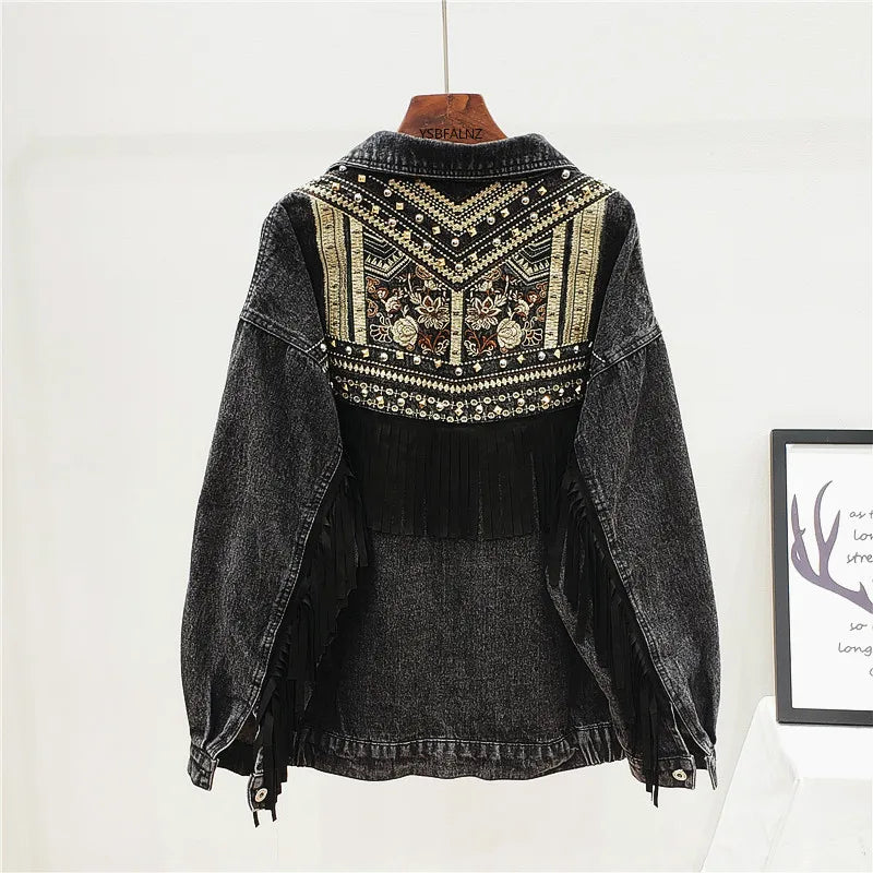 Denim Jacket Floral Embroidery Suede Fringe Loose Chaquetas Mujer Coat Long Sleeve Outerwear