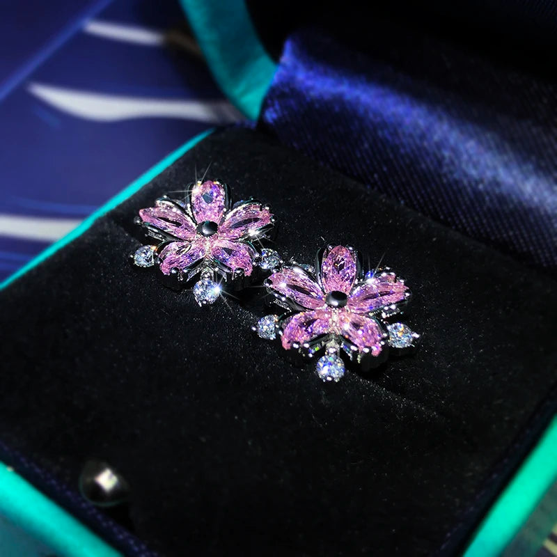 925 Sterling Silver Micro-Inlaid Sweet Temperament Flower Zircon Earrings