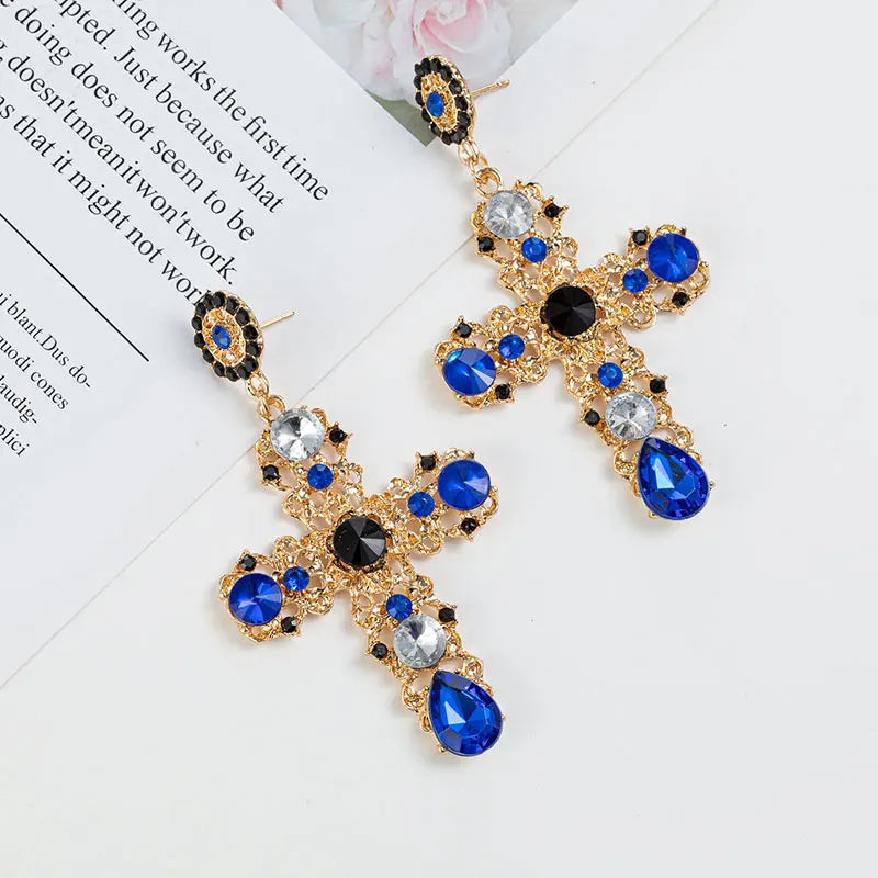 Vintage Crystal Cross Drop Earrings Baroque Bohemian Large Long Earrings