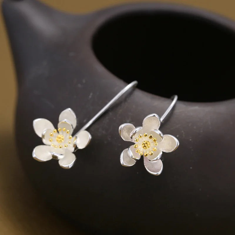 925 sterling silver Long Flower Earrings Elegant Lady Prevent Allergy Jewelry